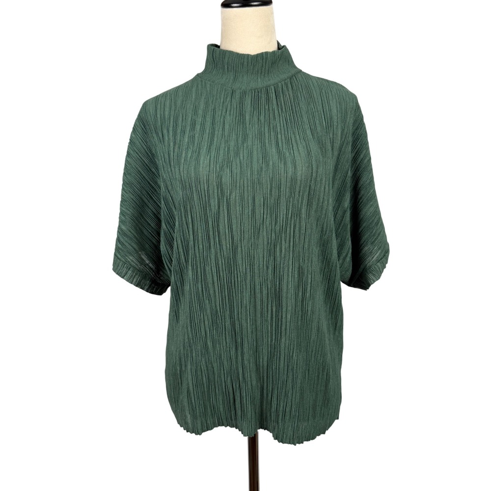 Zara Plissé Mock Neck Top Womens Medium Short Sleeve Dolman Forest Green